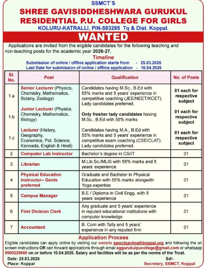 Junior Lecturer and Non-Teaching Vacancies at SSMCT Gurukul College