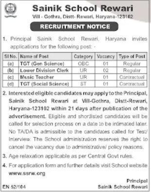TGT Music Teacher and LDC Vacancies at Sainik School Rewari