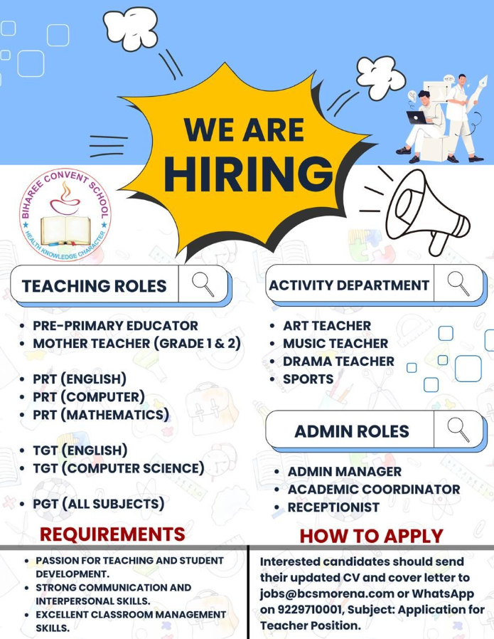 PGT and Admin Vacancies at Bharee Convent School Morena 2026