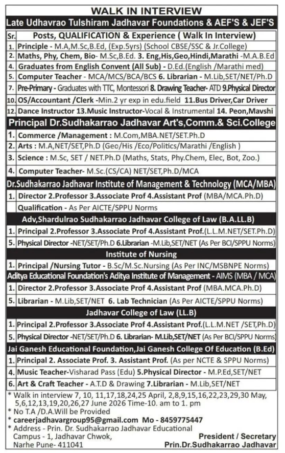 Professor and School Teacher Vacancies at Jadhavar Educational Institutions Pune 2026