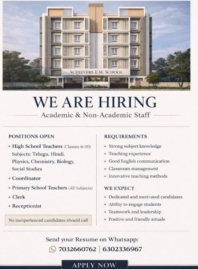 High School and Primary Teacher Vacancies at Achievers E.M. School Hyderabad 2026
