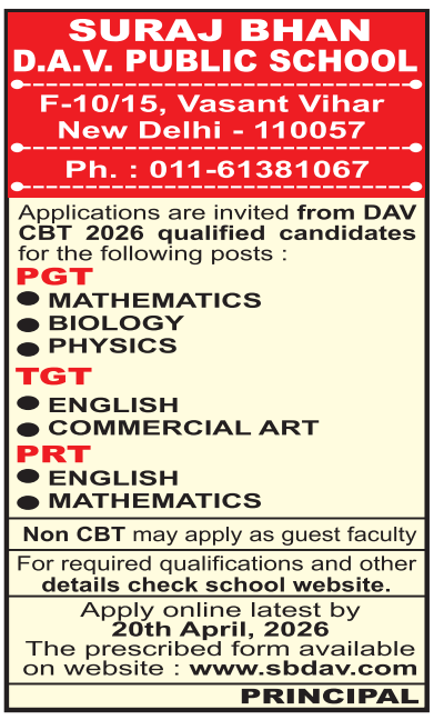 TGT PRT Vacancies at Suraj Bhan DAV Public School Vasant Vihar