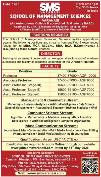 Professor and Assistant Professor Vacancies at SMS Varanasi 2026