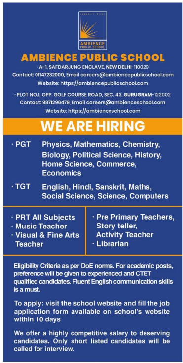 PRT and Pre-Primary Vacancies at Ambience Public School Delhi 2026