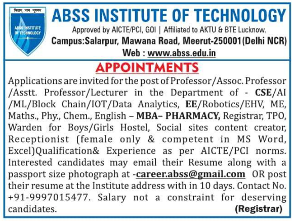 Lecturer and Staff Vacancies at ABSS Institute of Technology Meerut 2026