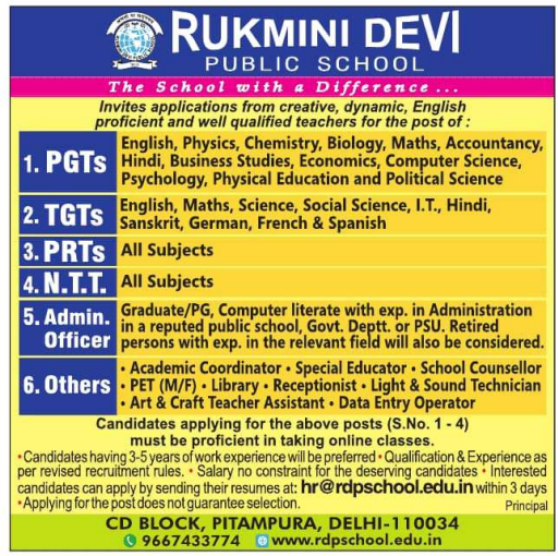 PRT and NTT Vacancies at Rukmini Devi Public School Pitampura Delhi 2026
