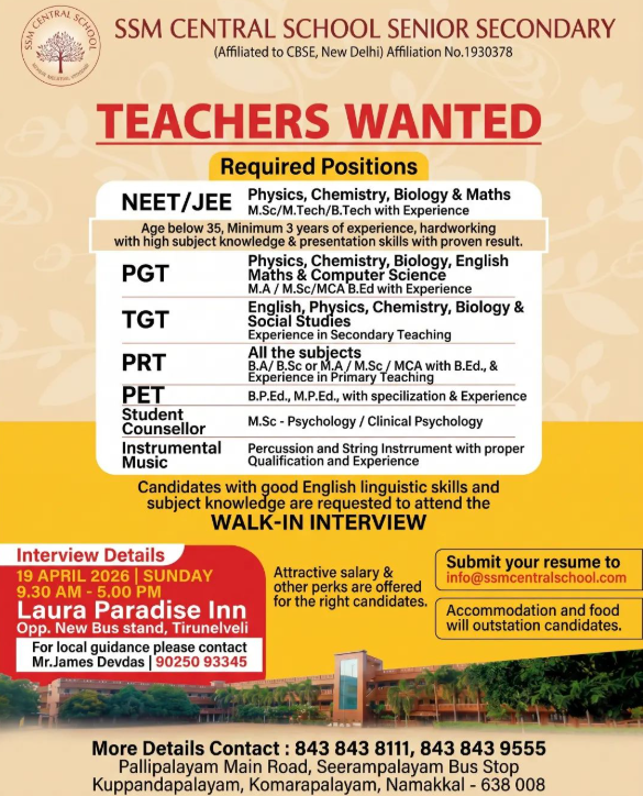 TGT PRT and PET Vacancies at SSM Central School Namakkal 2026