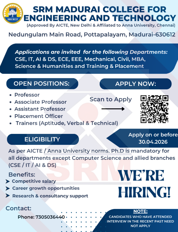 Associate Professor and Assistant Professor Vacancies at SRM Madurai College for Engineering and Technology Sivagangai 2026