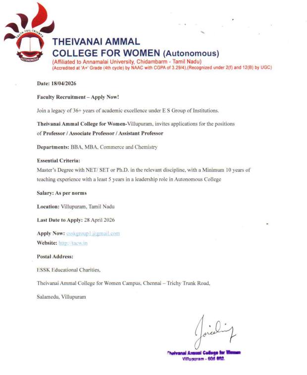 Associate Professor and Assistant Professor Vacancies at Theivanai Ammal College for Women Villupuram 2026