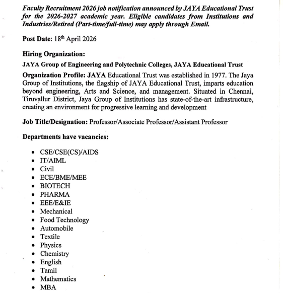 Associate Professor and Assistant Professor Vacancies at JAYA Group of Engineering and Polytechnic Colleges Chennai 2026