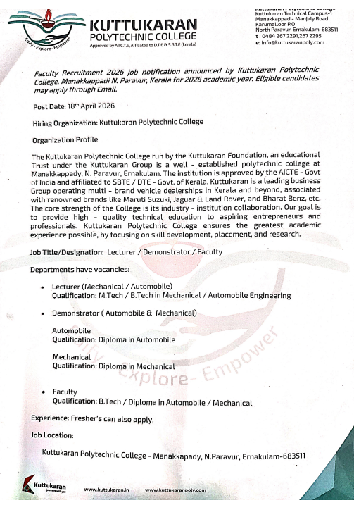 Lecturer Demonstrator and Teaching Jobs at Kuttukaran Polytechnic College Ernakulam 2026