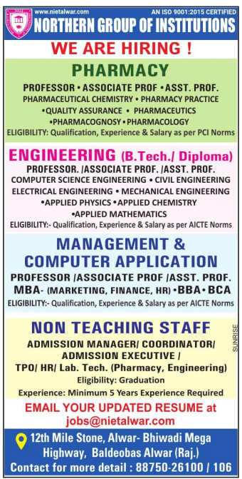 MBA and Engineering Vacancies at Northern Group of Institutions Alwar 2026