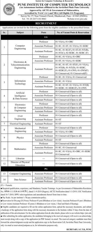 Professor Associate and Assistant Professor Vacancies at PICT Pune 2026