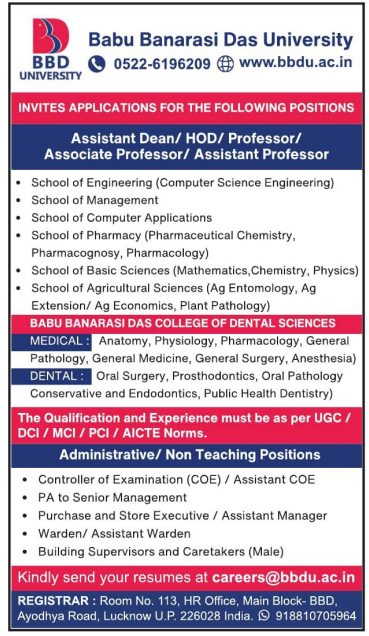HOD and Staff Vacancies at Babu Banarasi Das University Lucknow 2026
