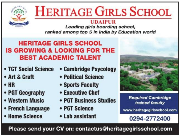 PGT TGT and Staff Vacancies at Heritage Girls School Udaipur 2026