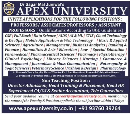 Associate Professor and Staff Vacancies at Apex University Jaipur 2026