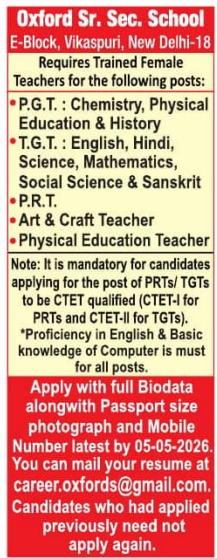 TGT PRT Vacancies at Oxford Sr. Sec. School Vikaspuri New Delhi 2026