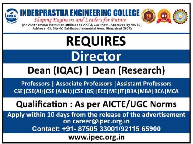 Dean and Professor Vacancies at Inderprastha Engineering College Ghaziabad 2026