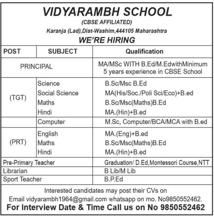 PRT and Staff Vacancies at Vidyarambh School Washim 2026