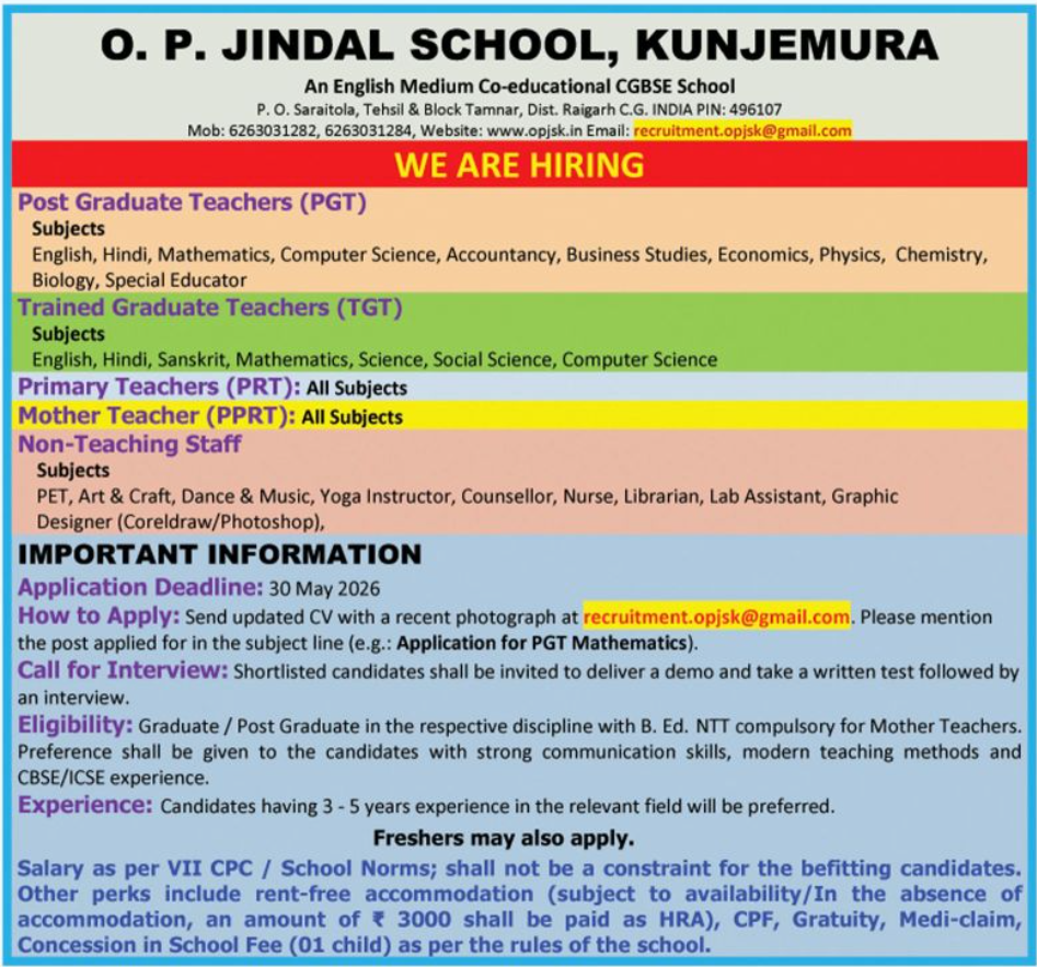 PRT and Staff Vacancies at O.P. Jindal School Kunjemura Raigarh 2026