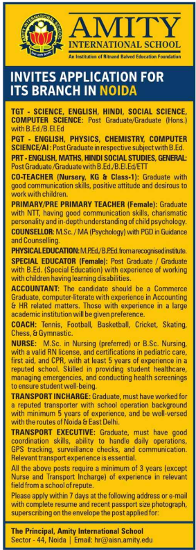 Primary and Staff Vacancies at Amity International School Noida 2026