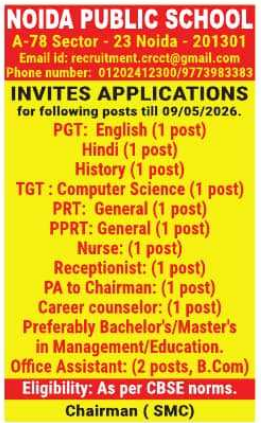 PRT and Staff Vacancies at Noida Public School Noida 2026