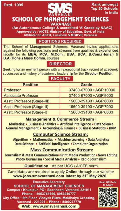 Associate and Assistant Professor Vacancies at SMS Varanasi 2026