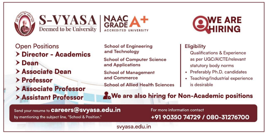 Dean and Director Vacancies at S-VYASA Deemed to be University Bengaluru 2026