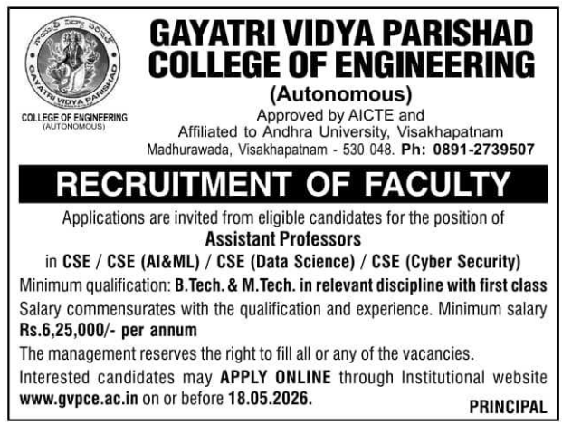 CSE Faculty Vacancies at GVPCE Visakhapatnam 2026