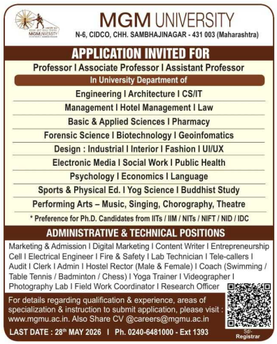 Professor Associate and Assistant Professor Vacancies at MGM University Aurangabad 2026