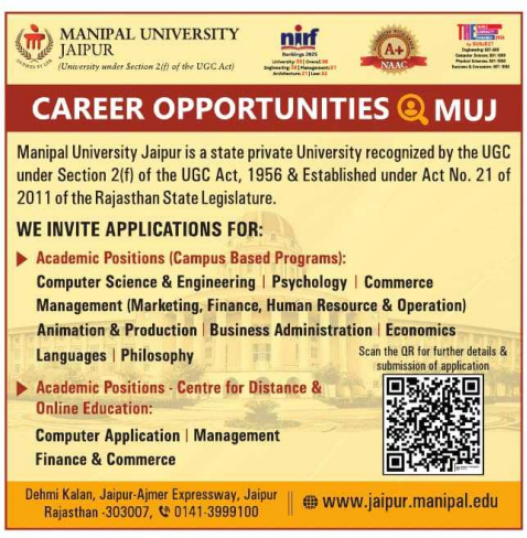Professor Associate and Assistant Professor Vacancies at Manipal University Jaipur 2026