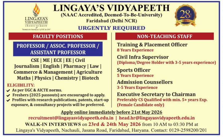 Associate Professor and Assistant Professor Vacancies at Lingaya’s Vidyapeeth Faridabad 2026
