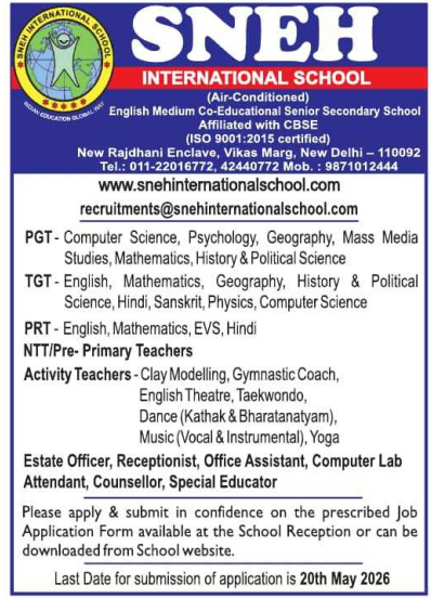 PRT and Staff Vacancies at SNEH International School New Delhi 2026