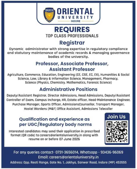 Associate Professor and Registrar Vacancies at Oriental University Indore 2026