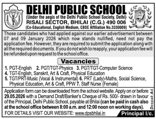 PRT and Staff Vacancies at Delhi Public School Bhilai 2026