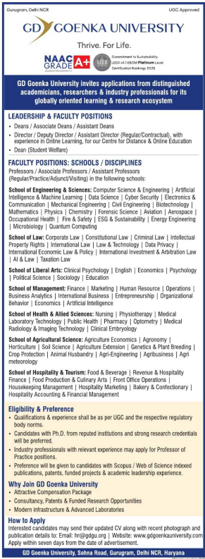 Associate Professor and Dean Vacancies at GD Goenka University Gurugram 2026