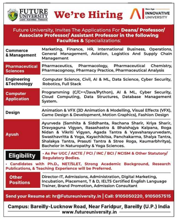 Associate Professor and Dean Vacancies at Future University Bareilly 2026