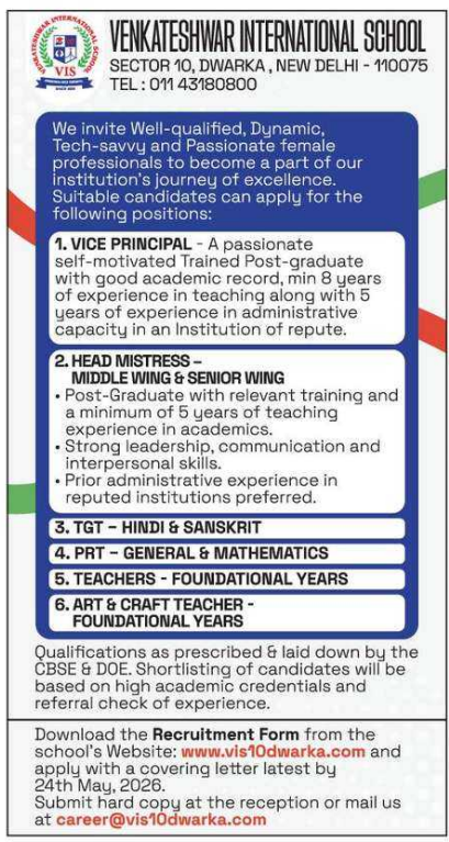 PRT and Teacher Vacancies at Venkateshwar International School Dwarka Delhi 2026