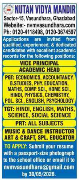 TGT and PRT Vacancies at Nutan Vidya Mandir Ghaziabad 2026