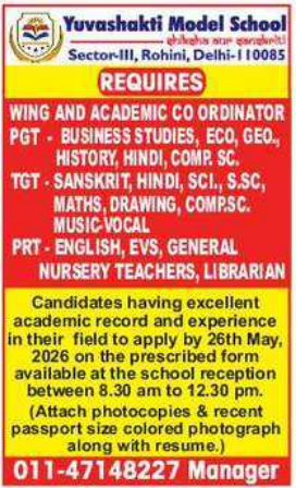PRT and Coordinator Vacancies at Yuvashakti Model School Rohini Delhi 2026