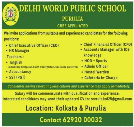 CEO CFO and Staff Vacancies at Delhi World Public School Purulia 2026
