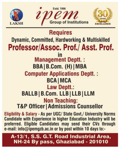 Associate Professor and Assistant Professor Vacancies at IPEM Group of Institutions Ghaziabad 2026