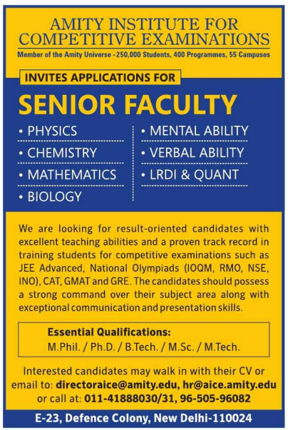 Mathematics and Aptitude Faculty Vacancies at Amity Institute for Competitive Examinations Delhi 2026