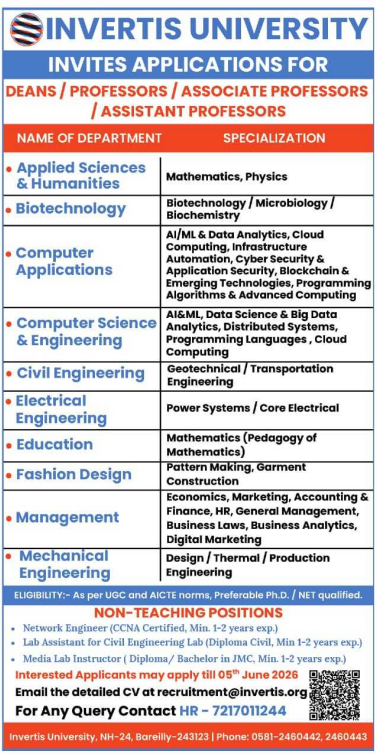 Professor and Assistant Professor Vacancies at Invertis University Bareilly 2026