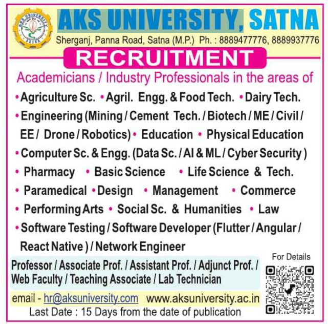 Associate Professor and Assistant Professor Vacancies at AKS University Satna 2026