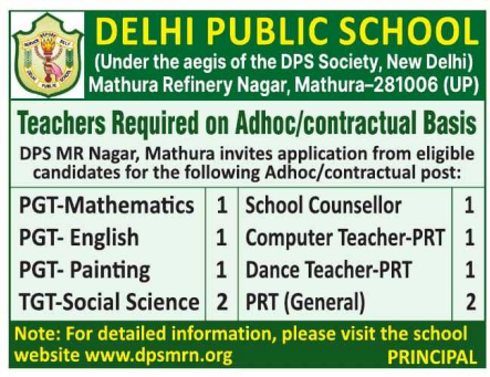PRT and Counsellor Vacancies at Delhi Public School Mathura 2026