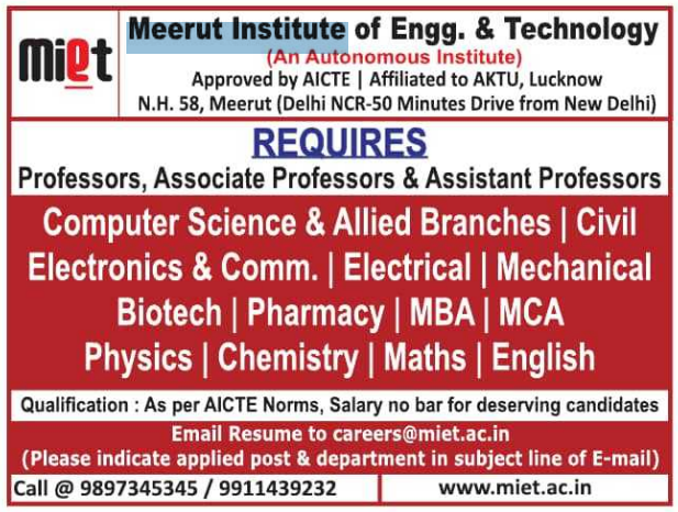 MIET Meerut Faculty Recruitment Professor