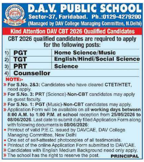 DAV Public School Faridabad Recruitment 2026