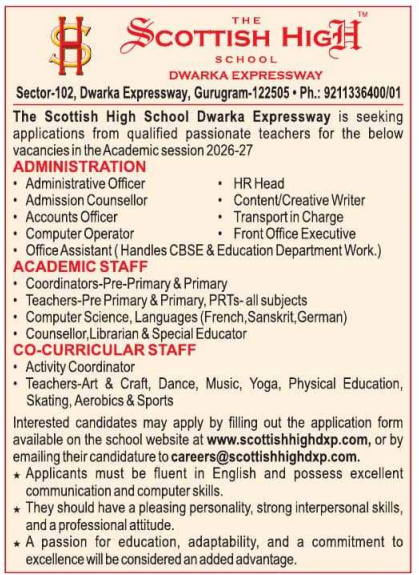 Scottish High School Dwarka Recruitment 2026