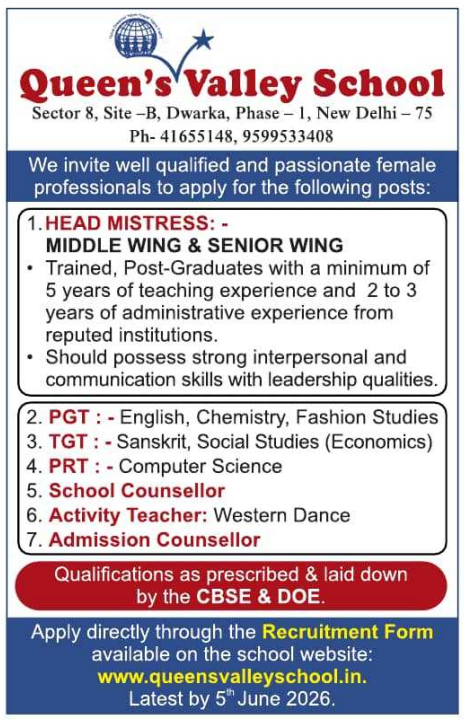 Queen’s Valley School Dwarka Recruitment 2026